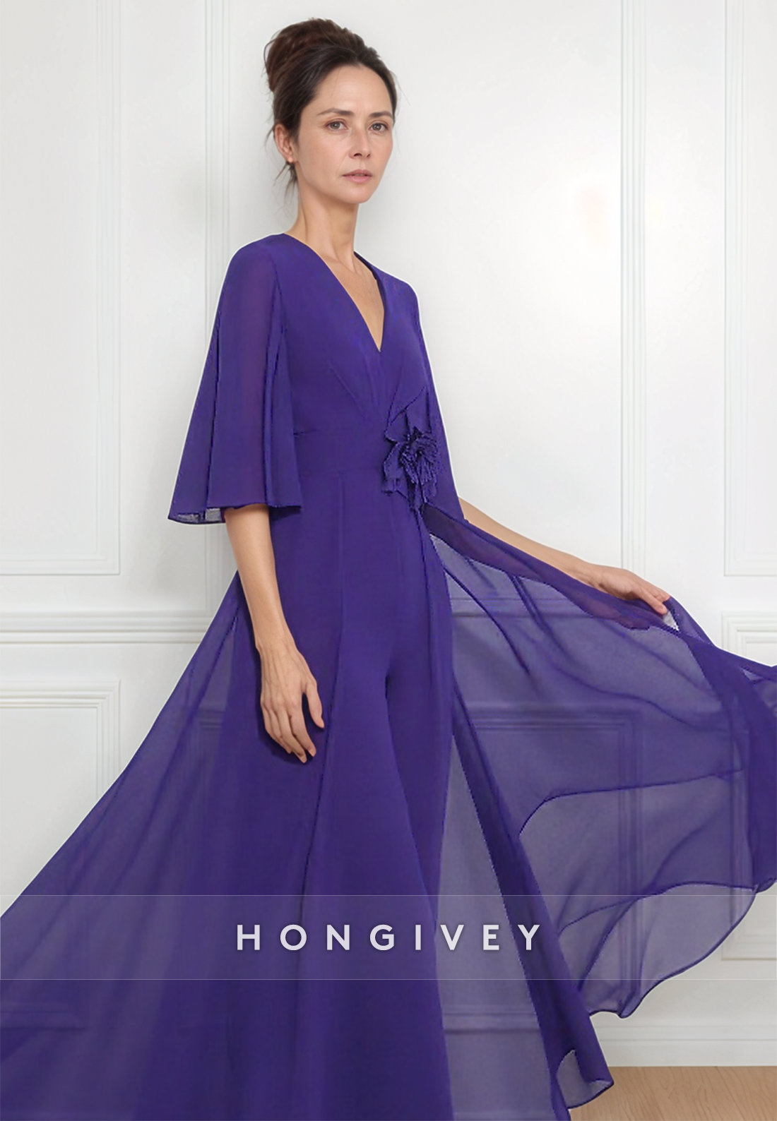 A-line Half Sleeve Tulle Pleated Flowers V Neck Court Train Mother of Bride Dress