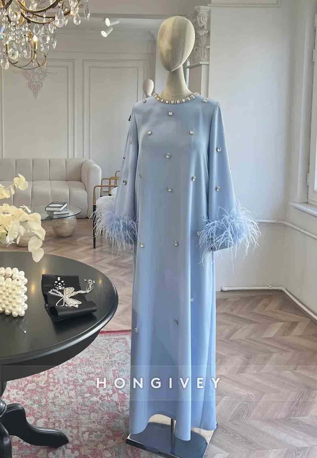 Feather Long Sleeve Pleated Mother of the Bride Rhinestone Ankle-Length Column Evening Gown