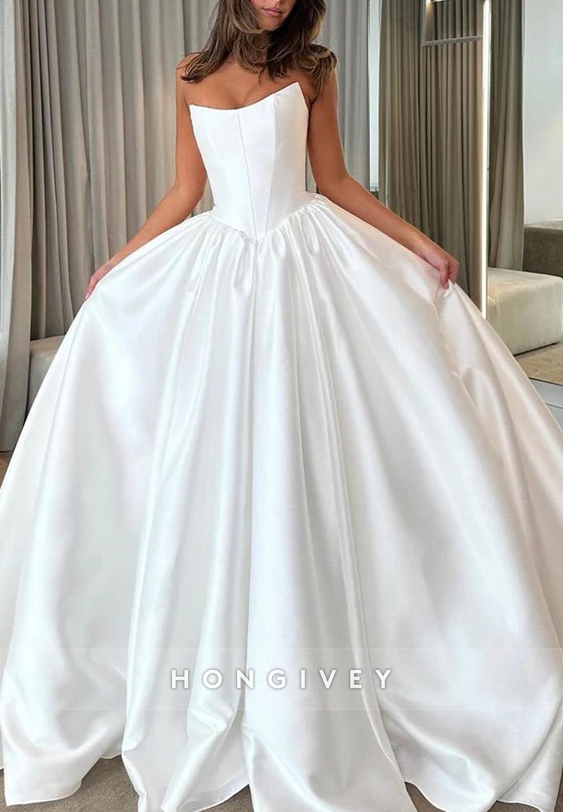 Sleeveless Ball Gown Satin Pleated Chapel Train Low Back Wedding Dresses