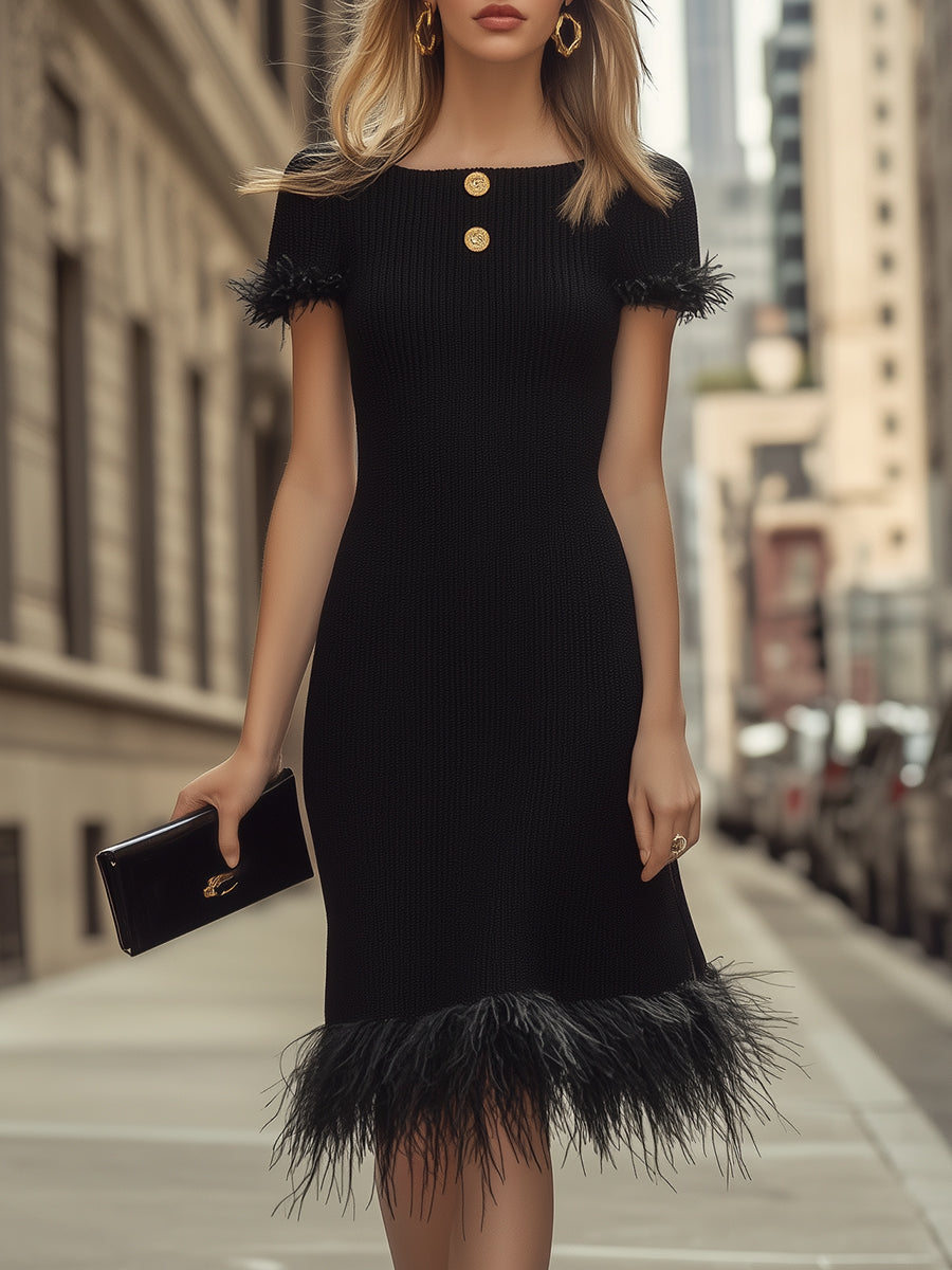 Classic Black Knit Dress With Feather Trim