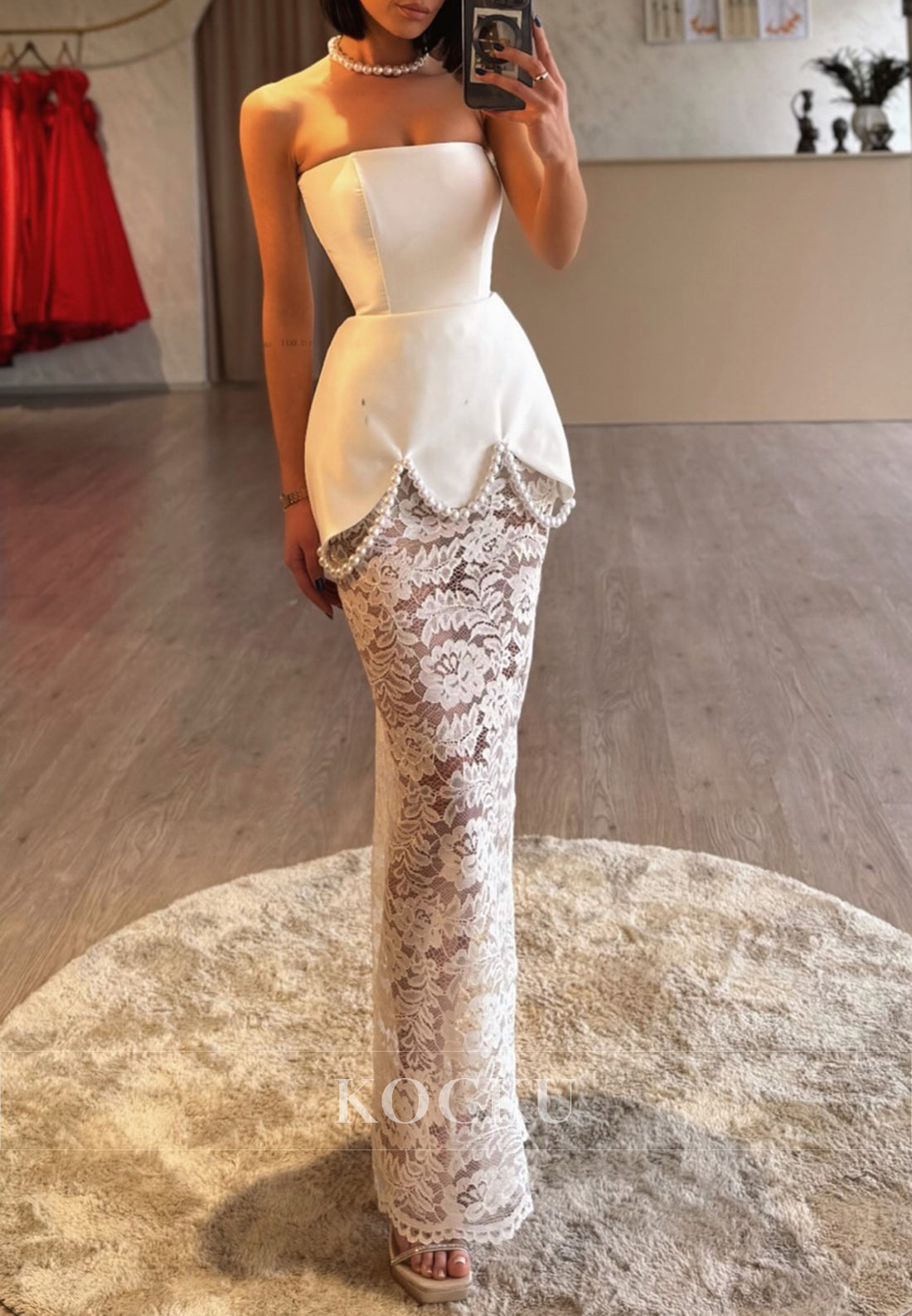 White Lace Strapless Sheath Formal Evening Dress with Petal-shaped Hem with Pearls