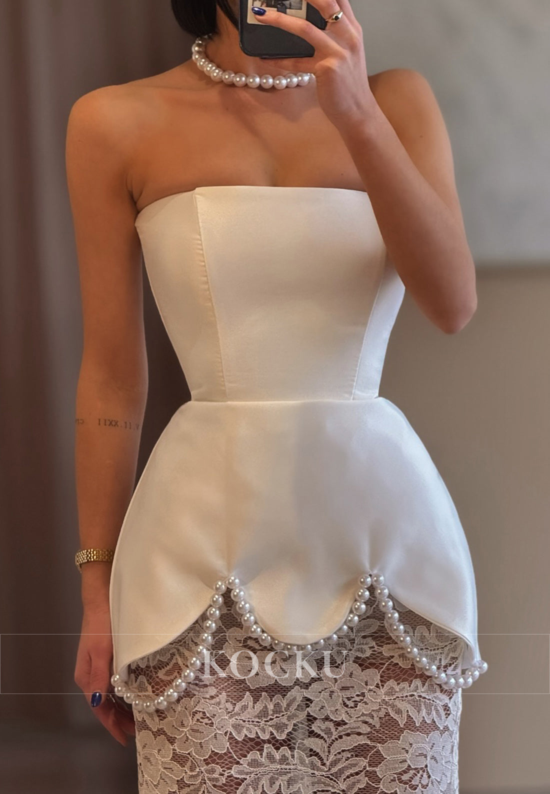 White Lace Strapless Sheath Formal Evening Dress with Petal-shaped Hem with Pearls