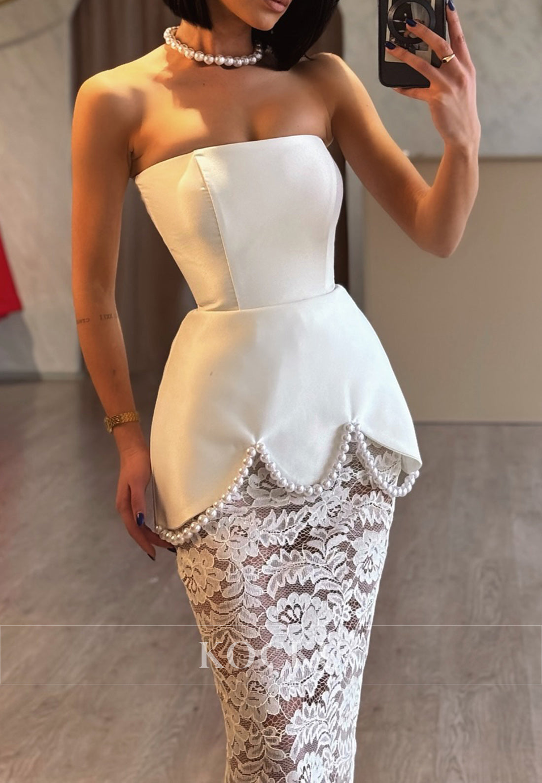 White Lace Strapless Sheath Formal Evening Dress with Petal-shaped Hem with Pearls