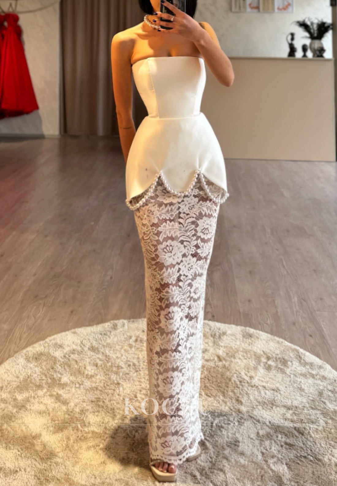 White Lace Strapless Sheath Formal Evening Dress with Petal-shaped Hem with Pearls