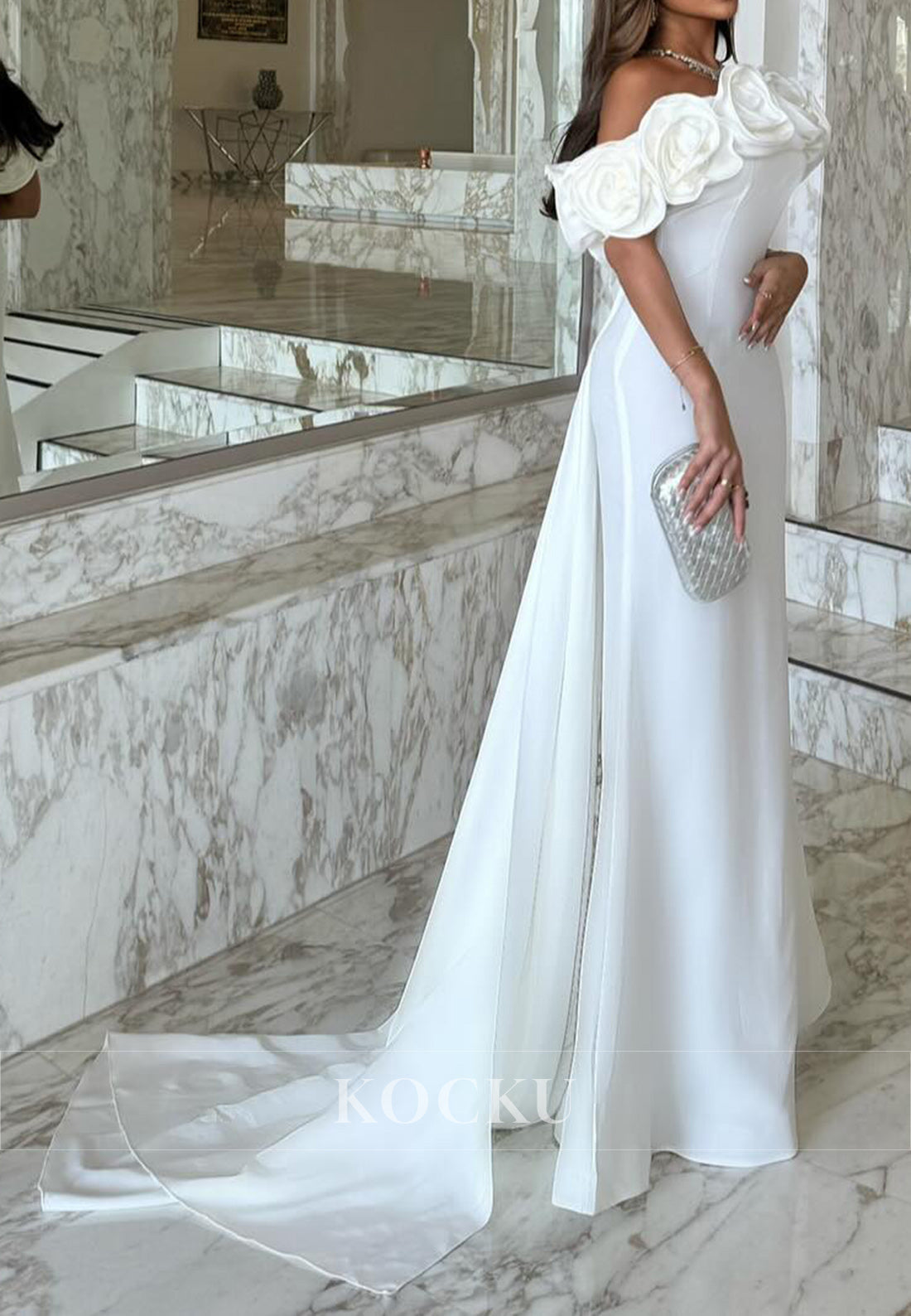 White Elegant Off - Shoulder Rose - Embellished Mermaid Gown