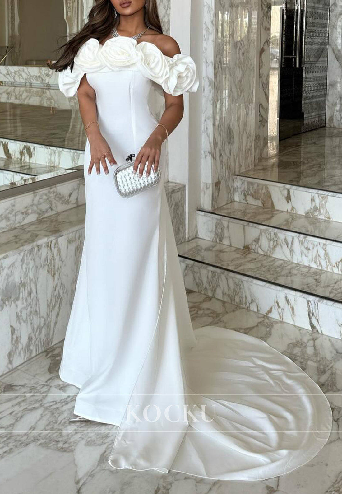 White Elegant Off - Shoulder Rose - Embellished Mermaid Gown