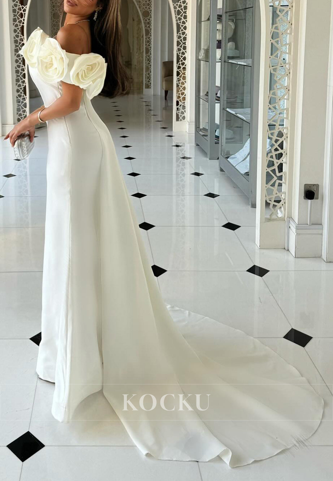 White Elegant Off - Shoulder Rose - Embellished Mermaid Gown