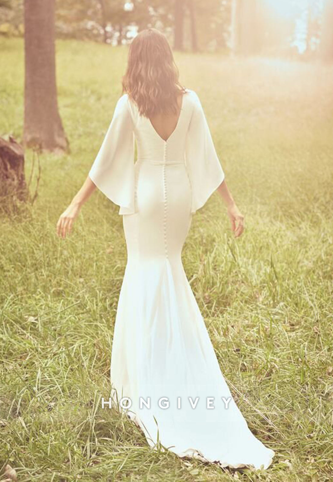 V Neck Trumpet Court Train Flutter Sleeves Pleated V Back Boho Wedding Dresses