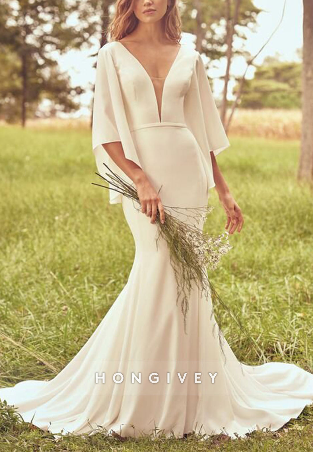 V Neck Trumpet Court Train Flutter Sleeves Pleated V Back Boho Wedding Dresses