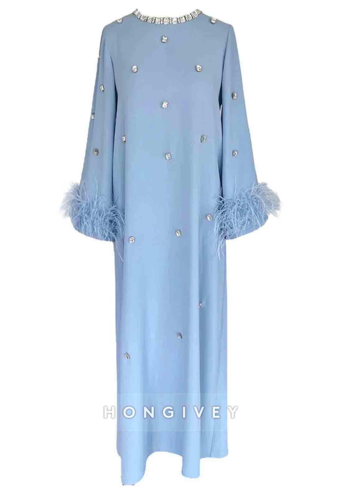 Feather Long Sleeve Pleated Mother of the Bride Rhinestone Ankle-Length Column Evening Gown