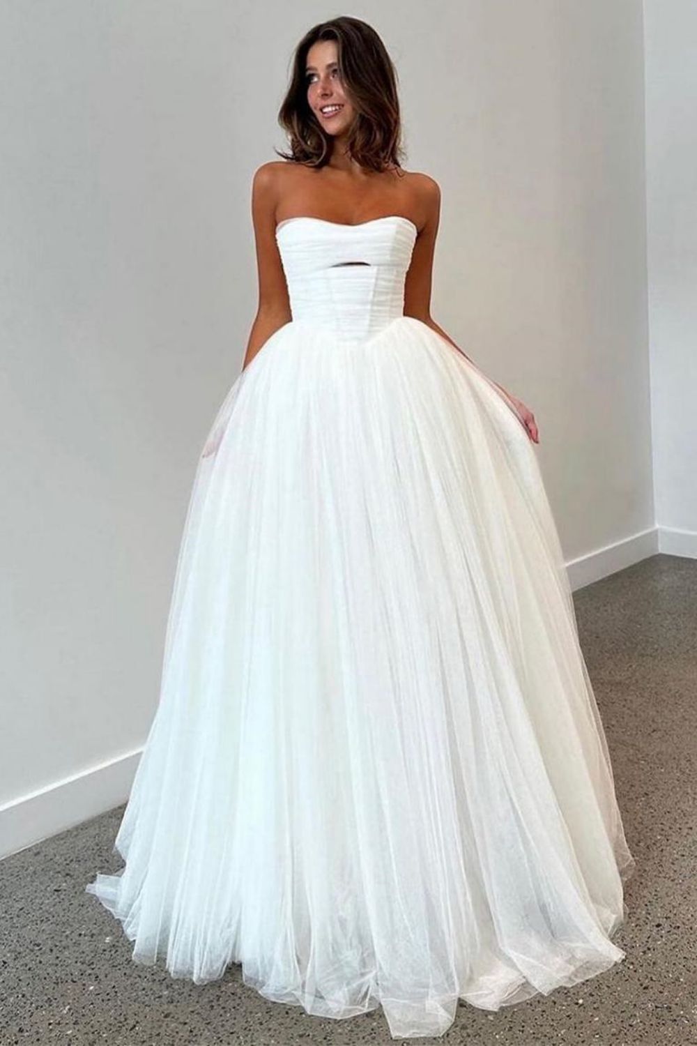 Elegant A Line Strapless White Tulle Long Bridal Dress with Sweep Train
