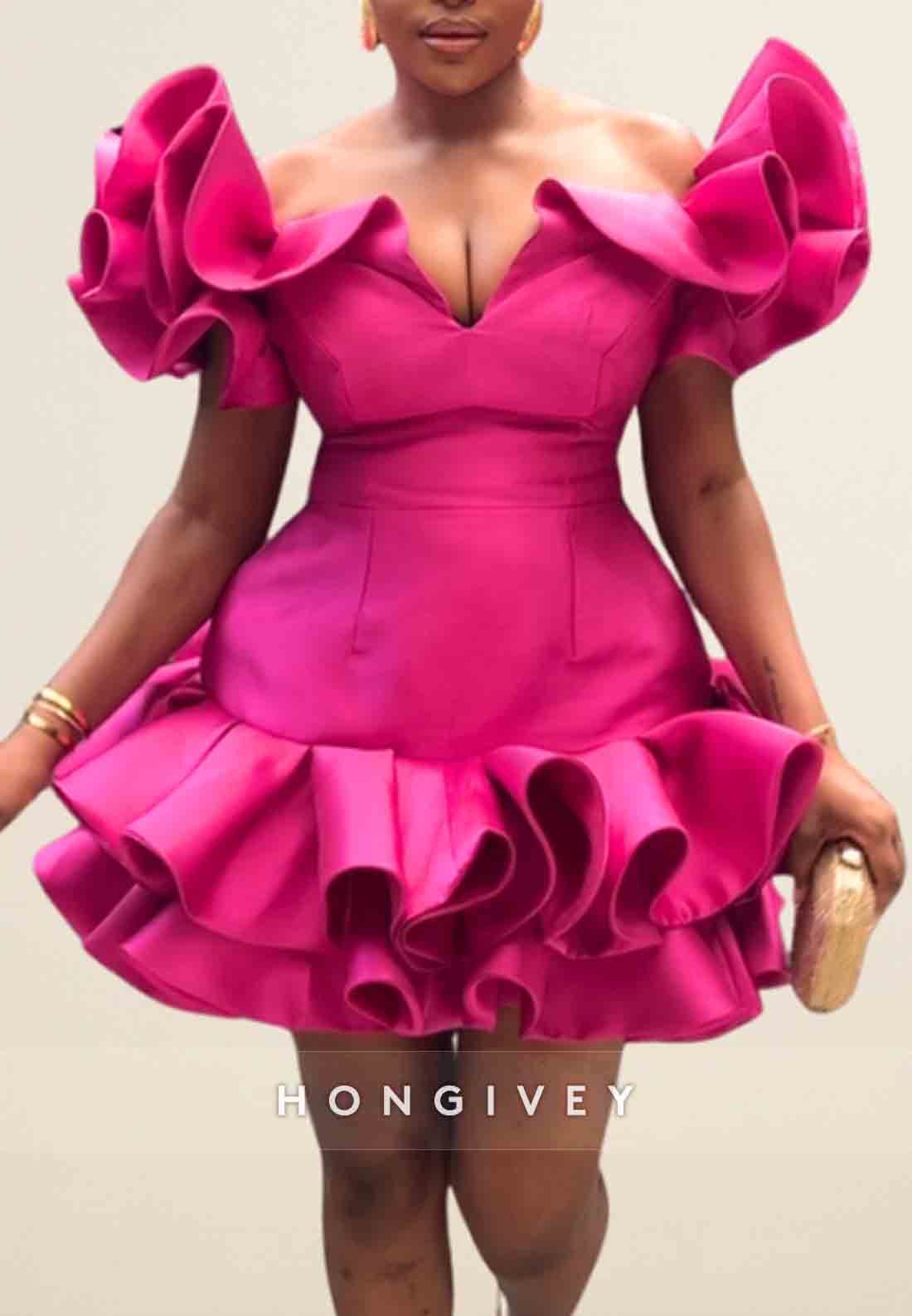 A-Line Fuchsia Satin Ruched Back Zipper Off the Shoulder Homecoming Dresses