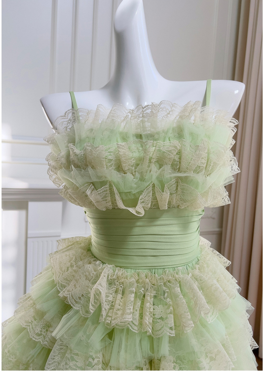 Light Green Tulle Lace Tiered Short Homecoming Dress Birthday Outfits S395