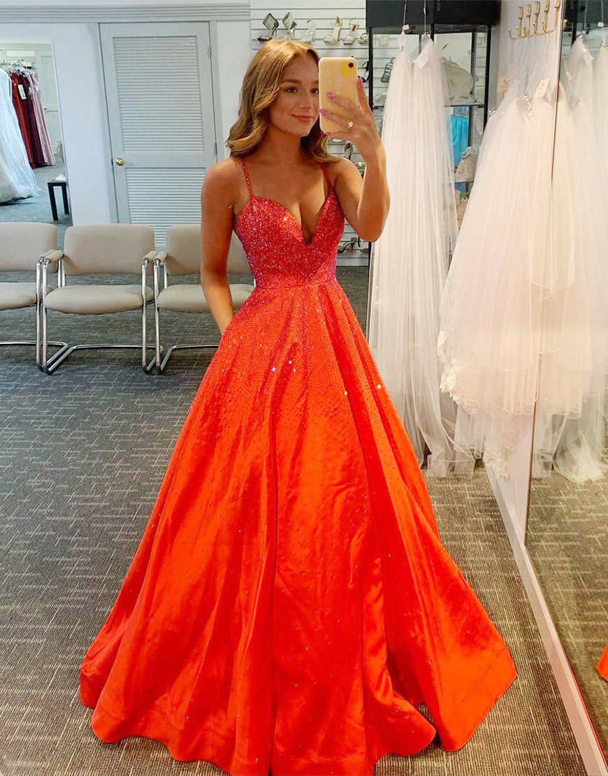 A-Line Glitter Spaghetti Straps Prom Dress Evening Dress - Fashionpara