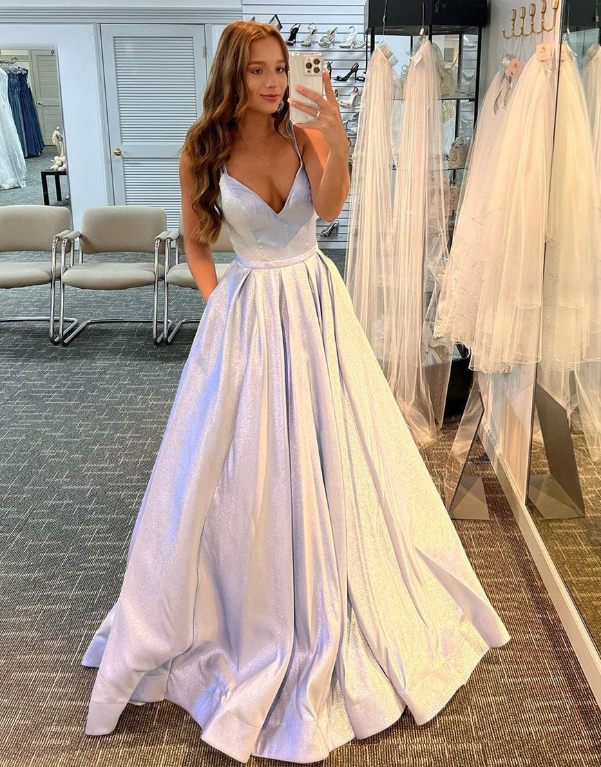 Sexy Glitter V Neck Spaghetti Straps Long Prom Dress - Fashionpara
