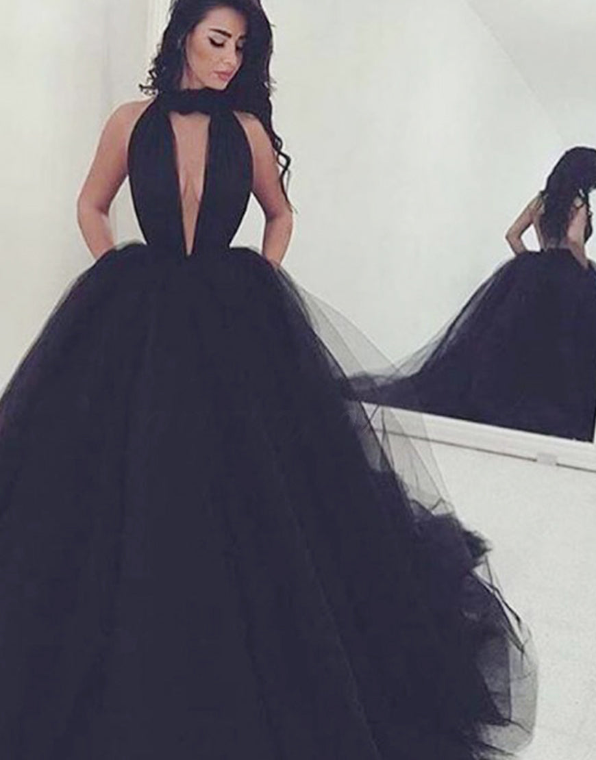 Ball Gown Halter Sleeveless Keyhole Backless Black Sexy Prom Dress - Fashionpara