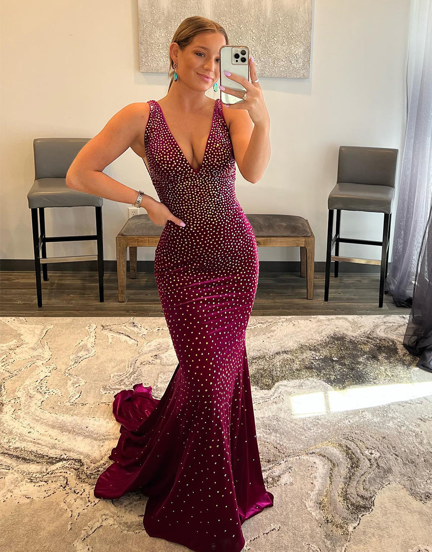 Mermaid Elegant V Neck Prom Dress With Beading - Fashionpara