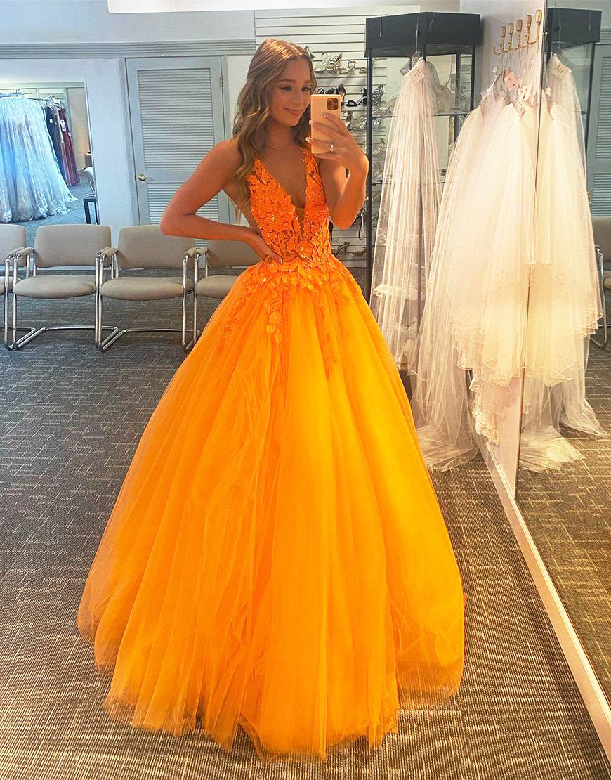 A-Line Sleeveless Deep V-neck Prom Dress Evening Dress with Appliques - Fashionpara