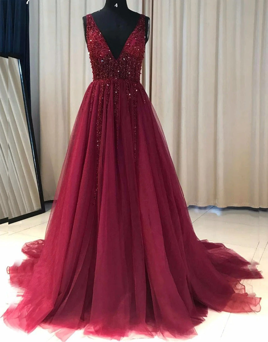 Deep V-neck Sexy A-Line Long Prom Dress With Beading - Fashionpara
