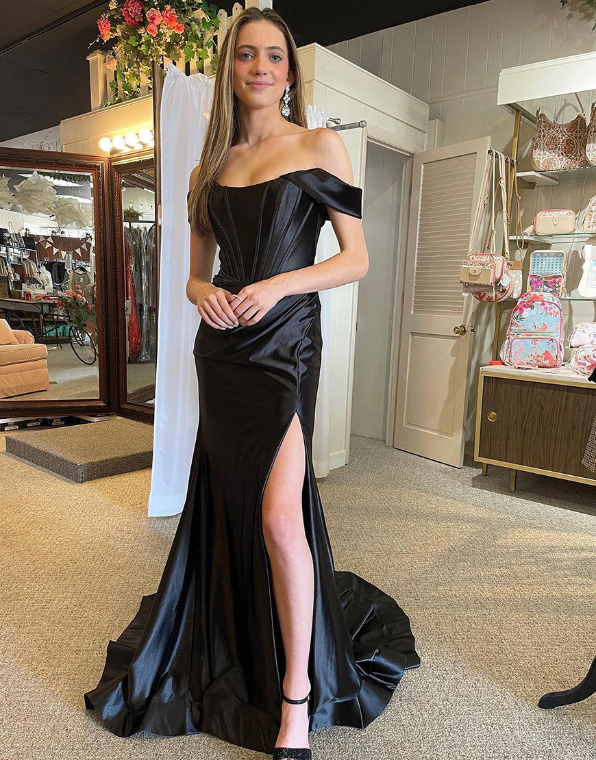 Mermaid Glitter Satin Off-the-Shoulder Prom Dress - Fashionpara