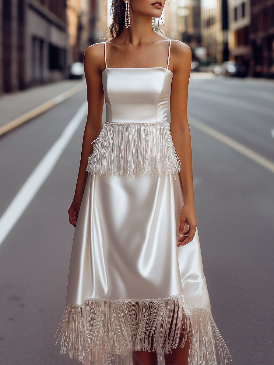 White Satin Fringe Trim Midi Slip Dress