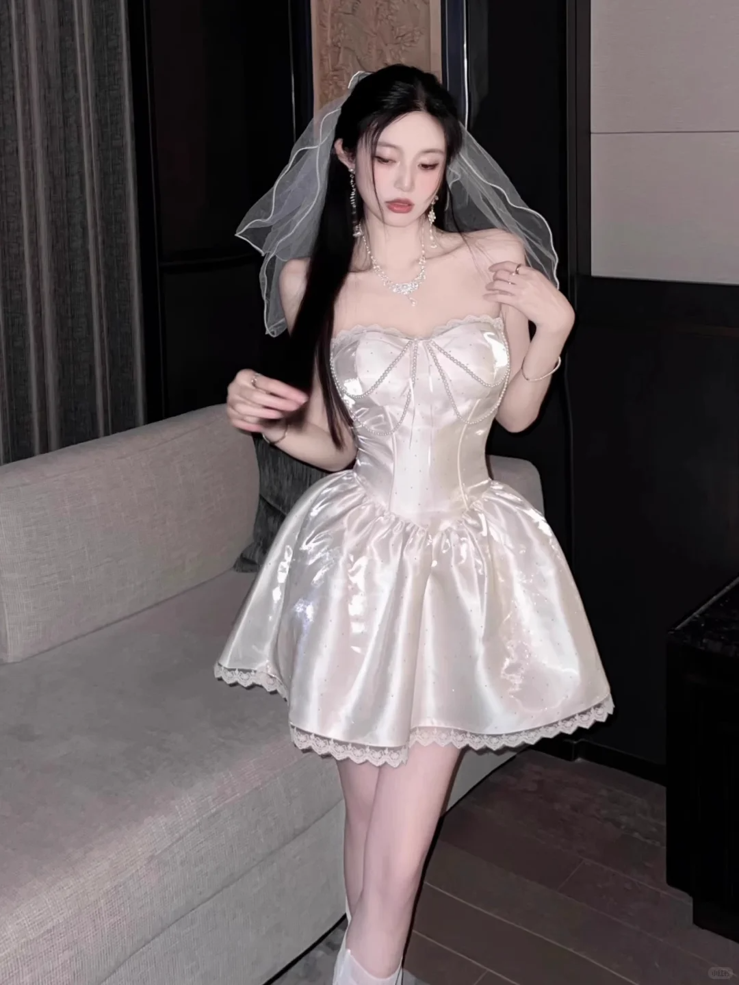 Classy Strapless White Satin Beaded Birthday Outfits A Line Short Homecoming Dress S426