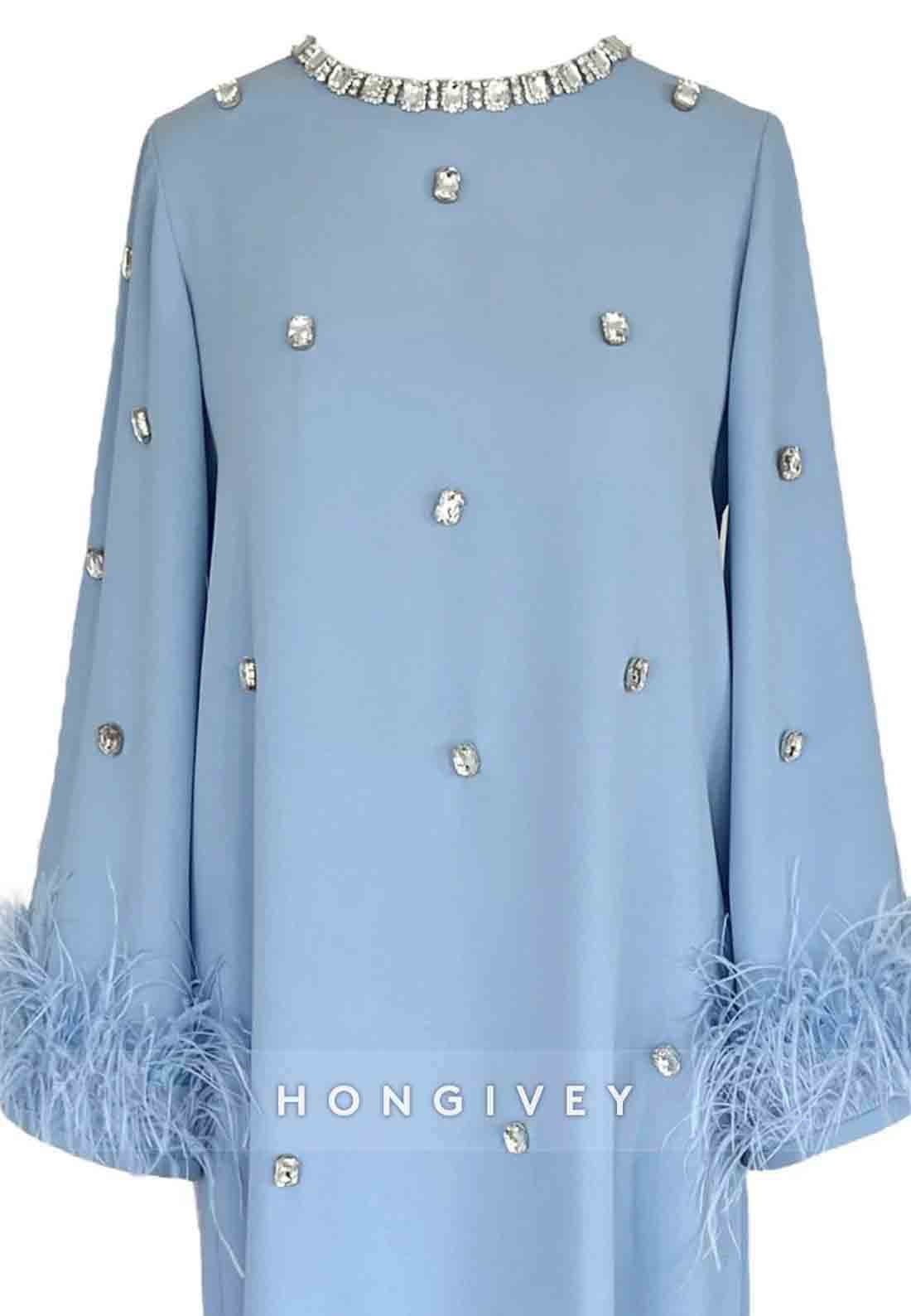 Feather Long Sleeve Pleated Mother of the Bride Rhinestone Ankle-Length Column Evening Gown