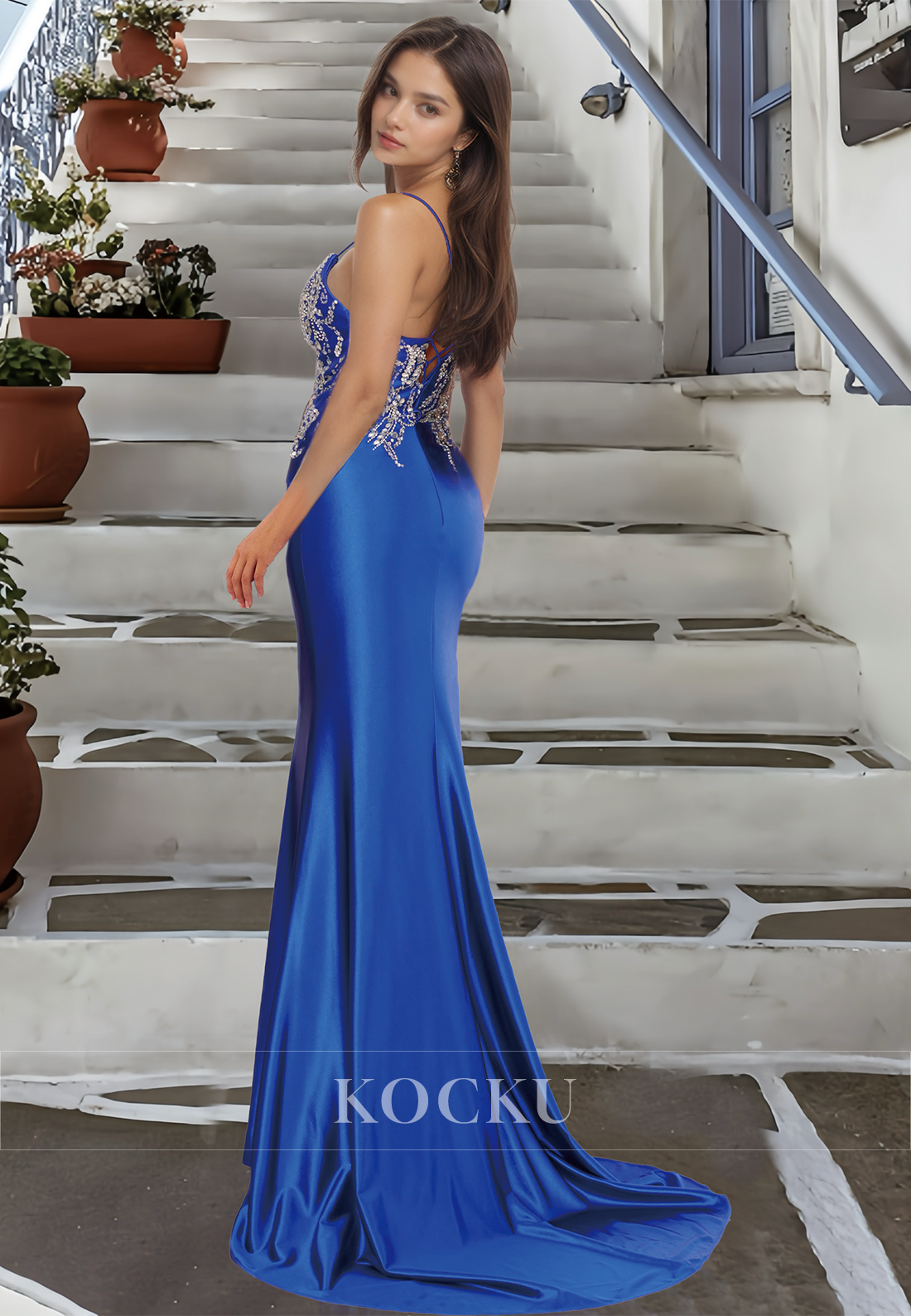 Striking Beaded Spaghetti Straps Sweetheart High Slit Long Prom Dress Party Gown with Train