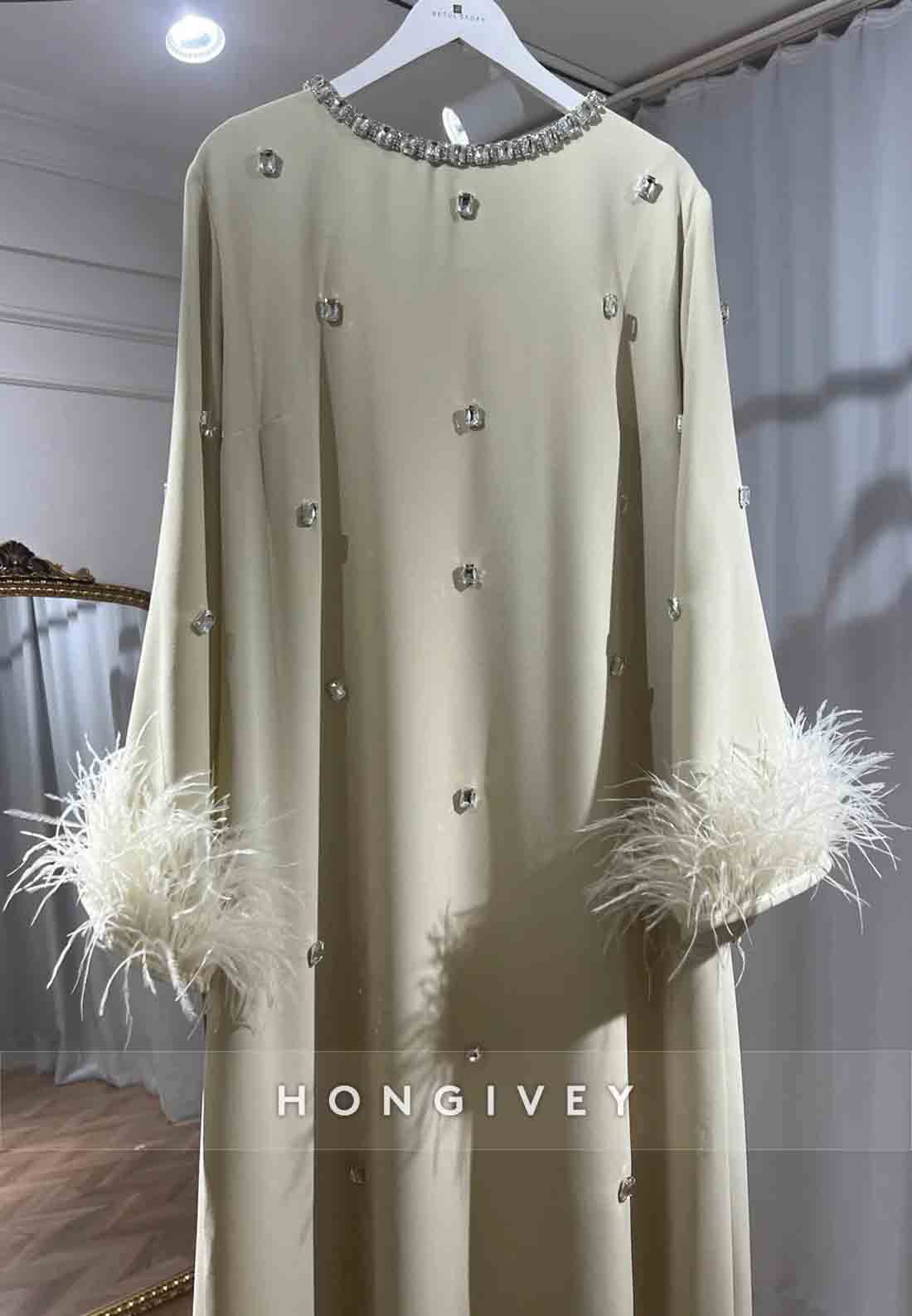 Feather Long Sleeve Pleated Mother of the Bride Rhinestone Ankle-Length Column Evening Gown