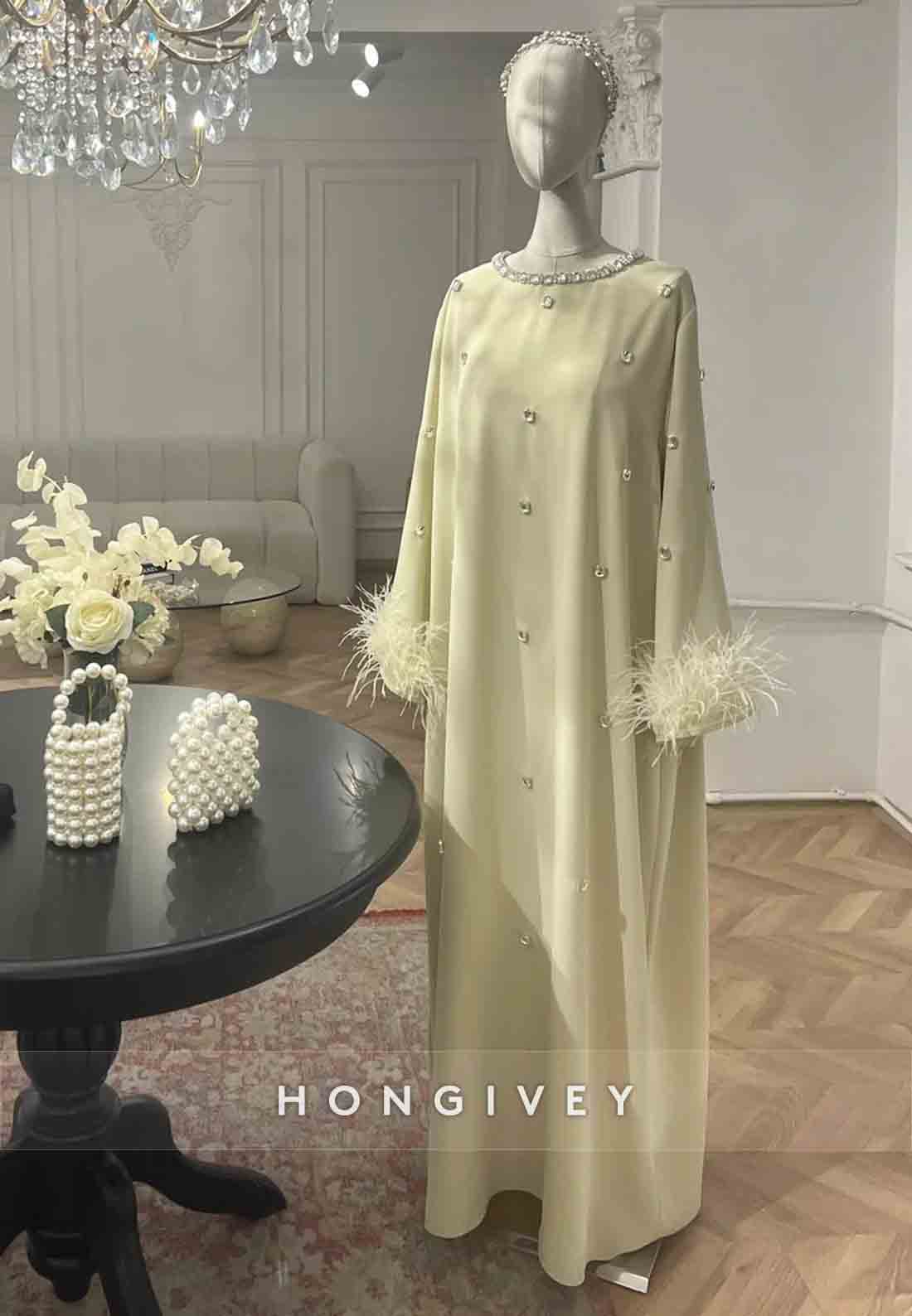 Feather Long Sleeve Pleated Mother of the Bride Rhinestone Ankle-Length Column Evening Gown