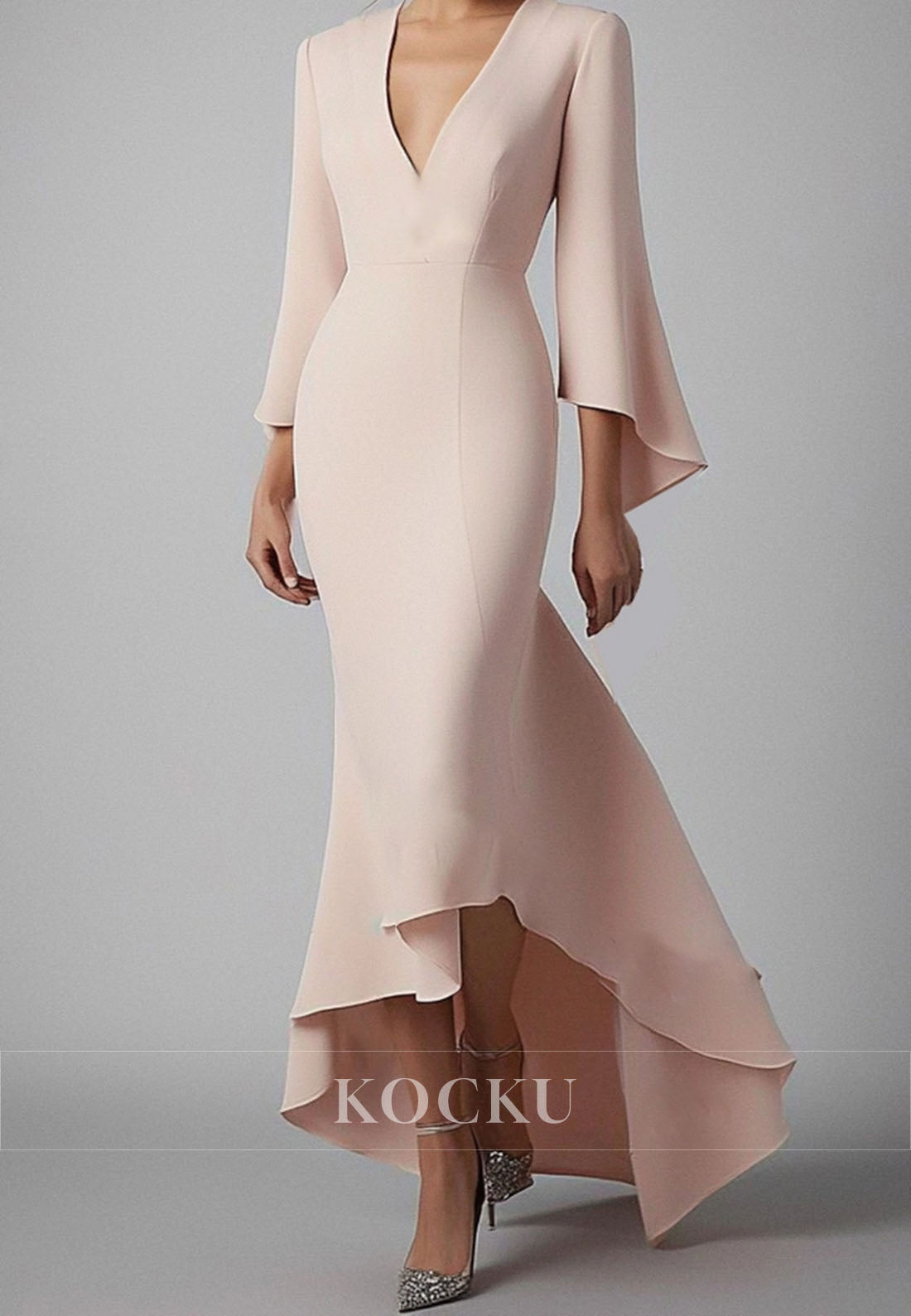 Daily Work Dress V-Neck Long Sleeves Mermaid High Low Satin Wedding Guest Gown