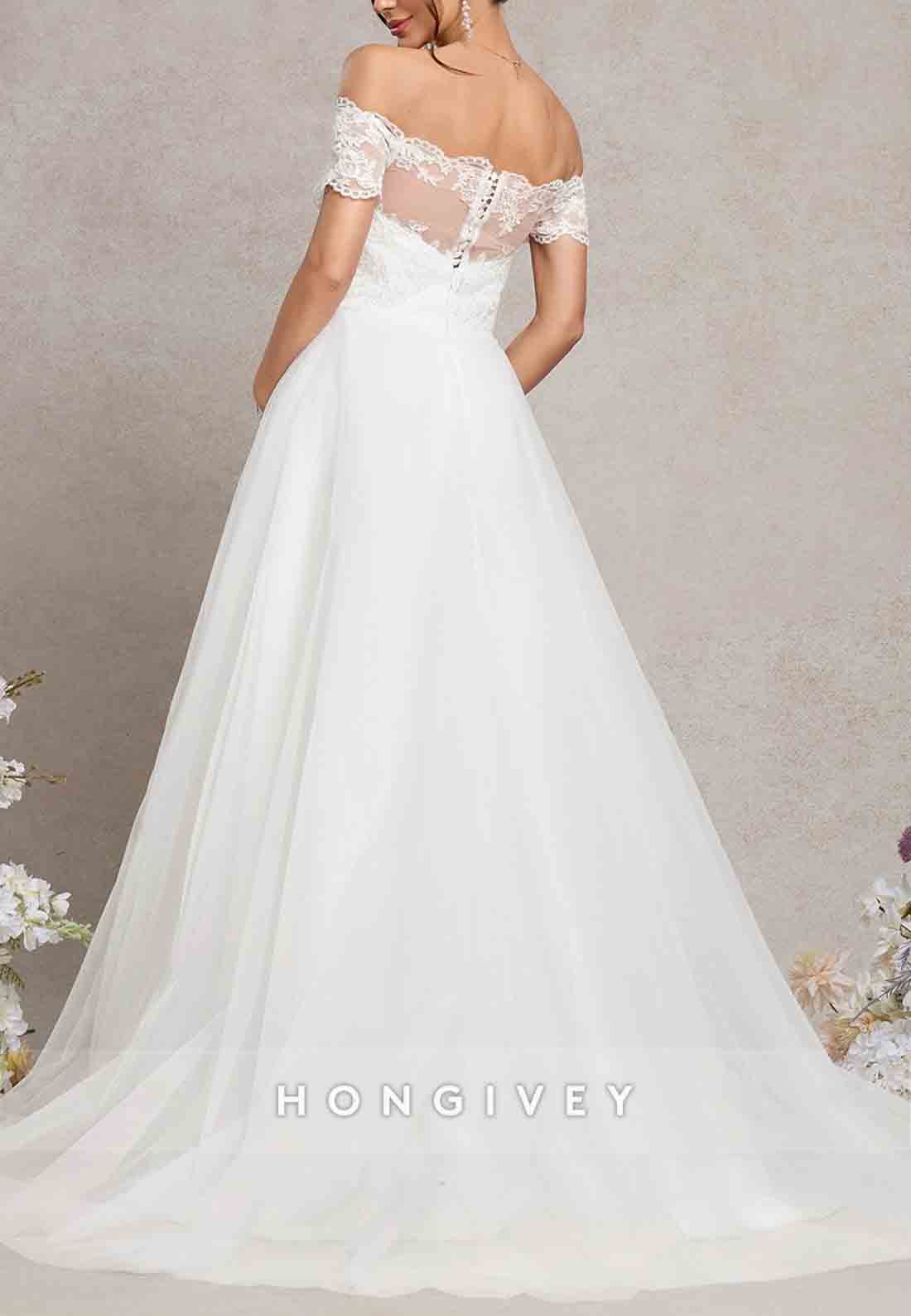 Off the Shoulder Floor-Length A-Line Empire Tulle Wedding Dresses with Lace Corset