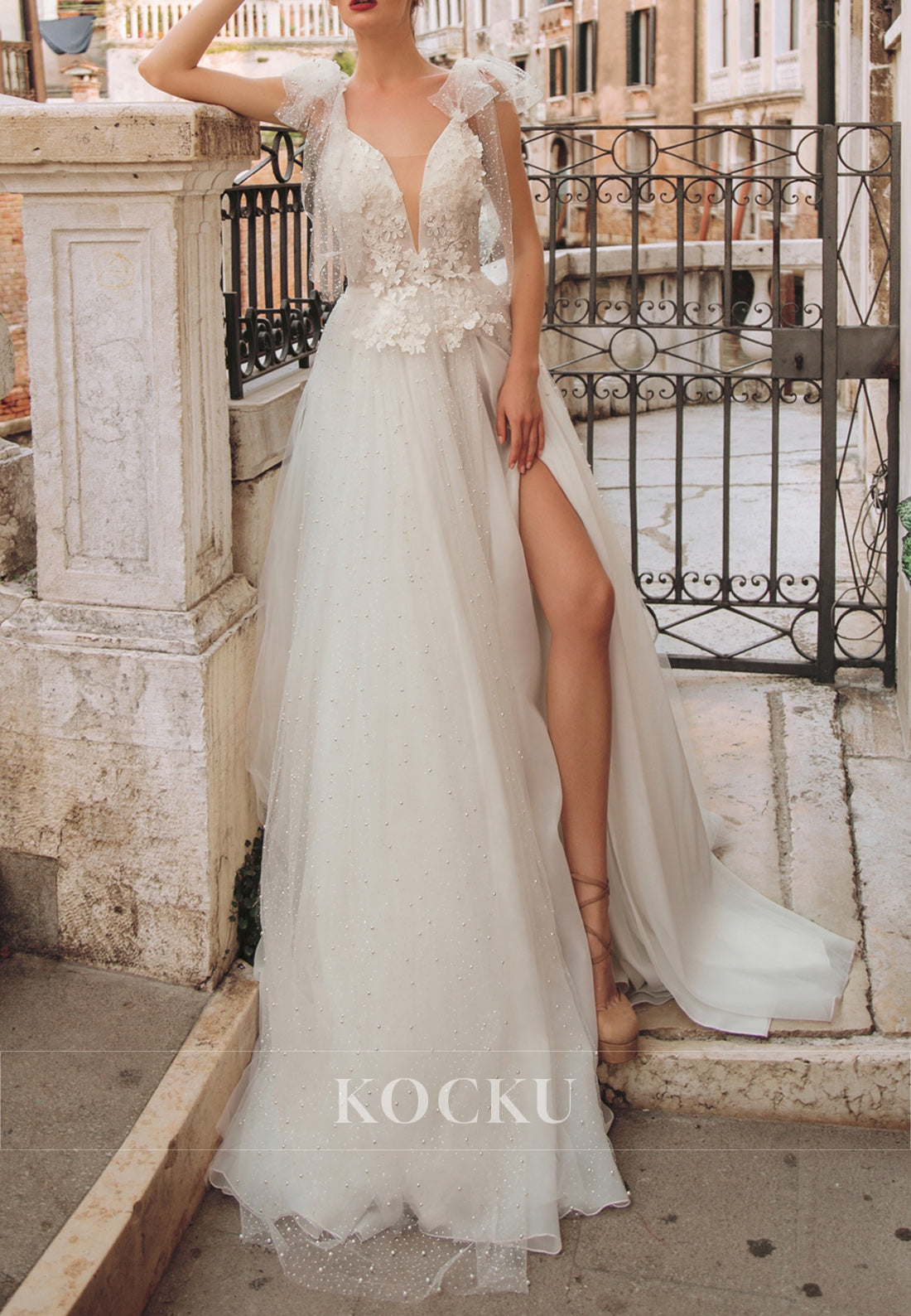 Venice - Inspired Plunging Neck Bow-Strap 3D Floral Tulle Wedding Dress with Pearl Embellishments