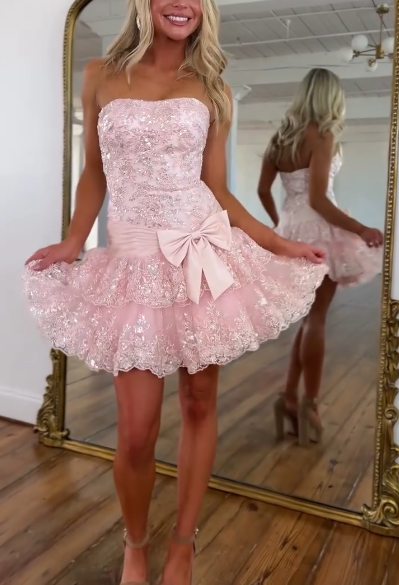 Cute Strapless Pink Lace Layered A Line Graduation Homecoming Dress Short Birthday Outfits D167