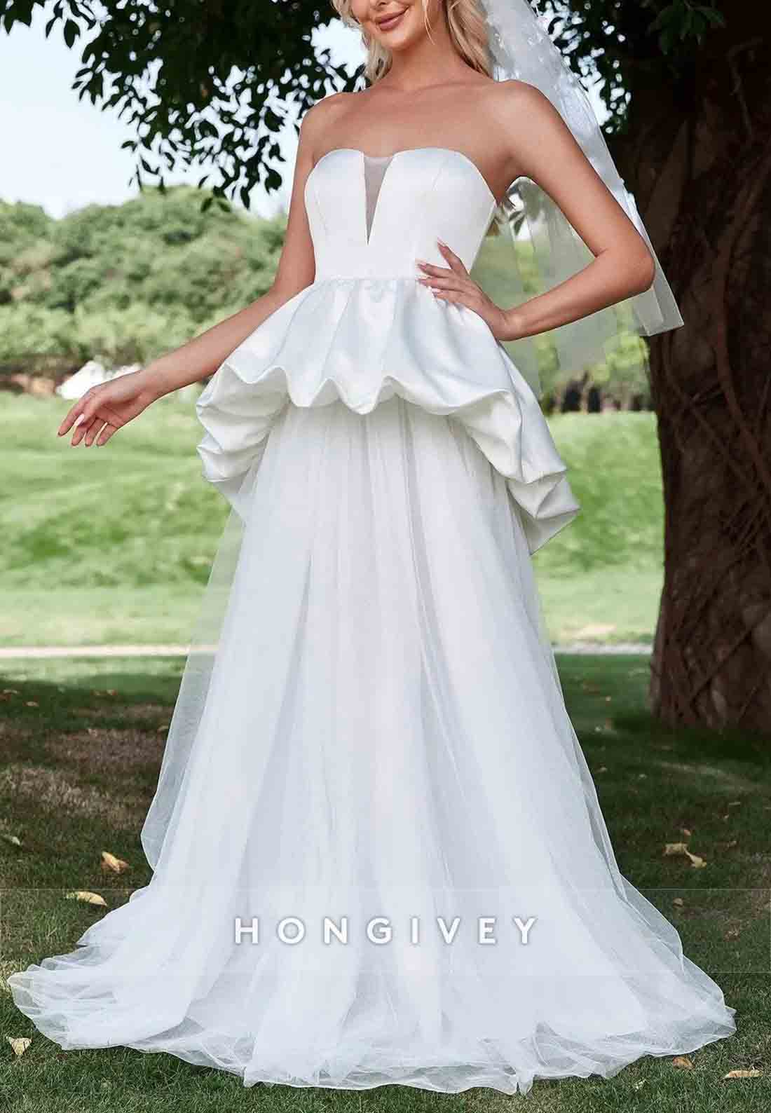 Ruffle Trim Strapless A-Line Tulle Mesh Overlay Satin Tube Wedding Dress