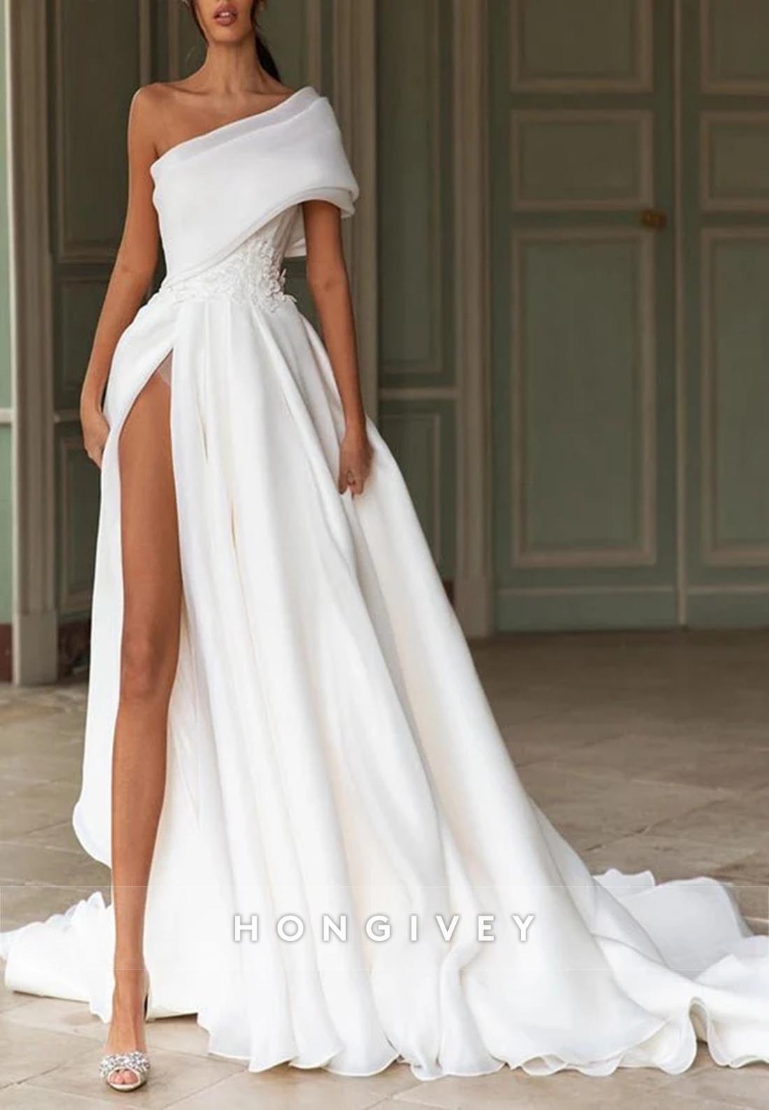 HIgh Slit One Shoulder Flowers Pleated Chapel Train Bowknot Wedding Dresses