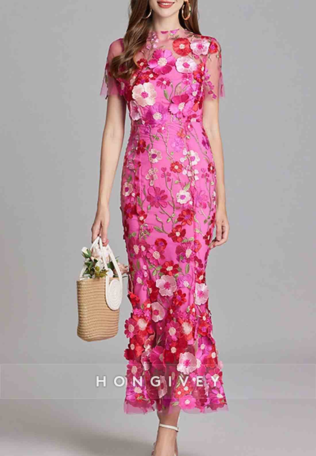 Flowers Vintage Wedding Guest Ankle-Length Short Sleeve Tulle Embroidery Mermaid Party Dresses
