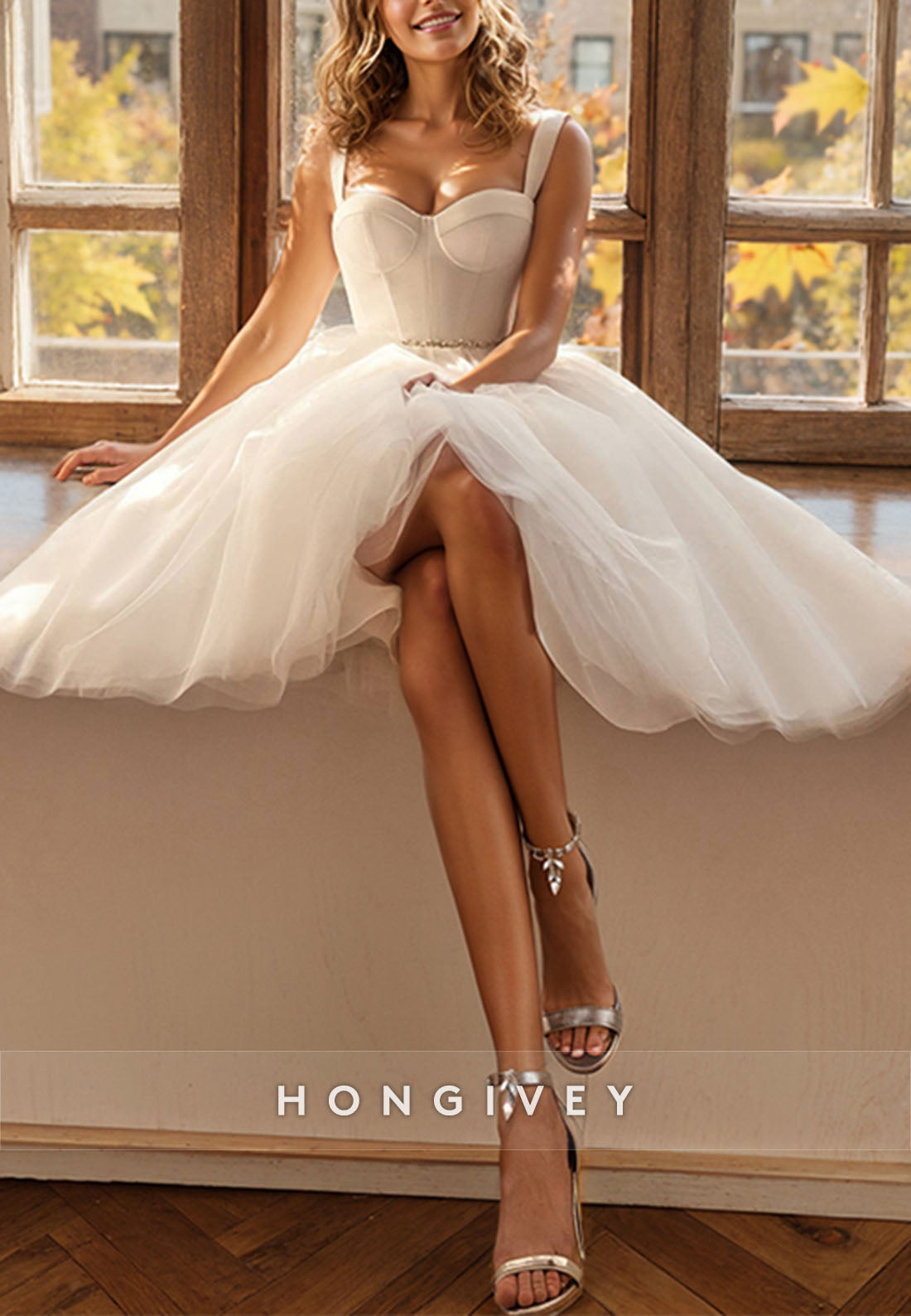 Ball Gown Cap Straps Organza Tea-Length Wedding Dresses