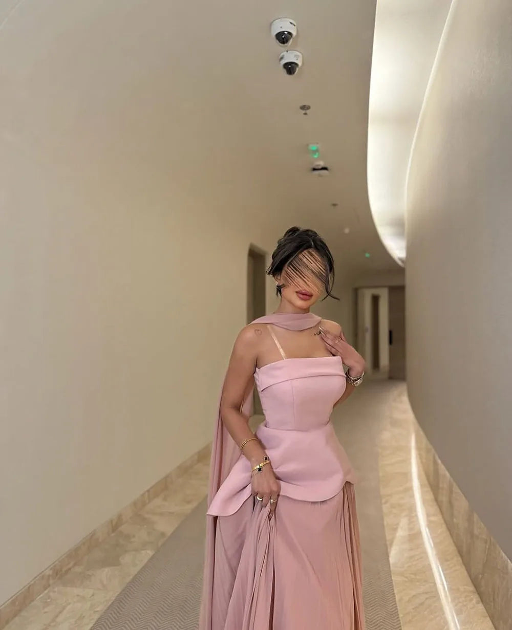 Msikoods Strapless Satin Pink A Line Evening Dress 2025 Saudi Arabic Formal Gown Cape Prom Dress Wedding Party Gown Customized