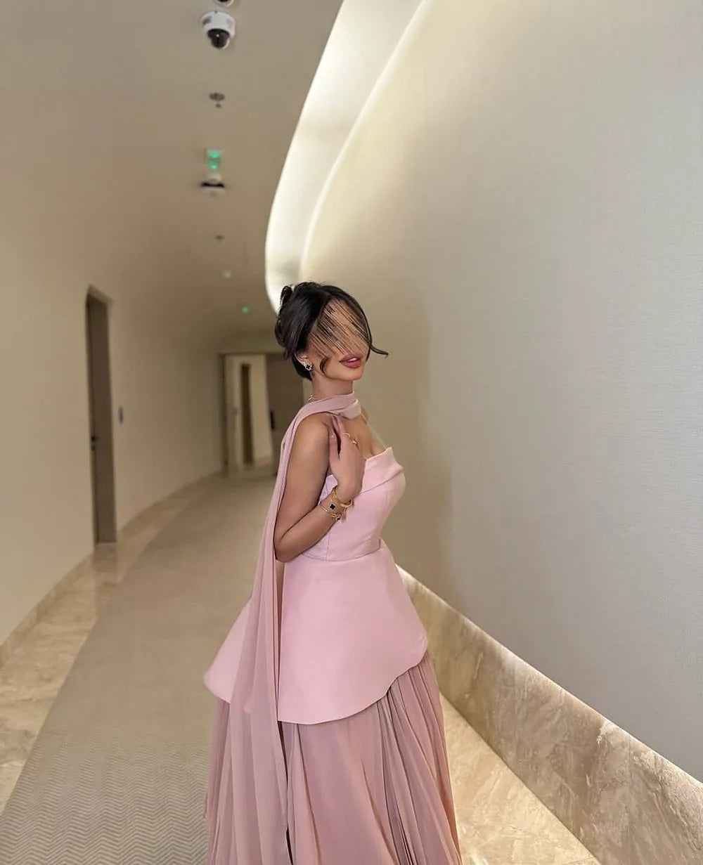 Msikoods Strapless Satin Pink A Line Evening Dress 2025 Saudi Arabic Formal Gown Cape Prom Dress Wedding Party Gown Customized