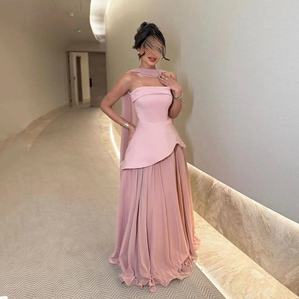Msikoods Strapless Satin Pink A Line Evening Dress 2025 Saudi Arabic Formal Gown Cape Prom Dress Wedding Party Gown Customized