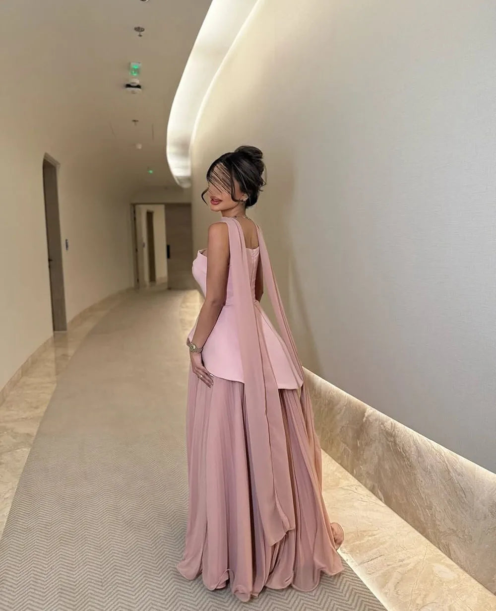 Msikoods Strapless Satin Pink A Line Evening Dress 2025 Saudi Arabic Formal Gown Cape Prom Dress Wedding Party Gown Customized