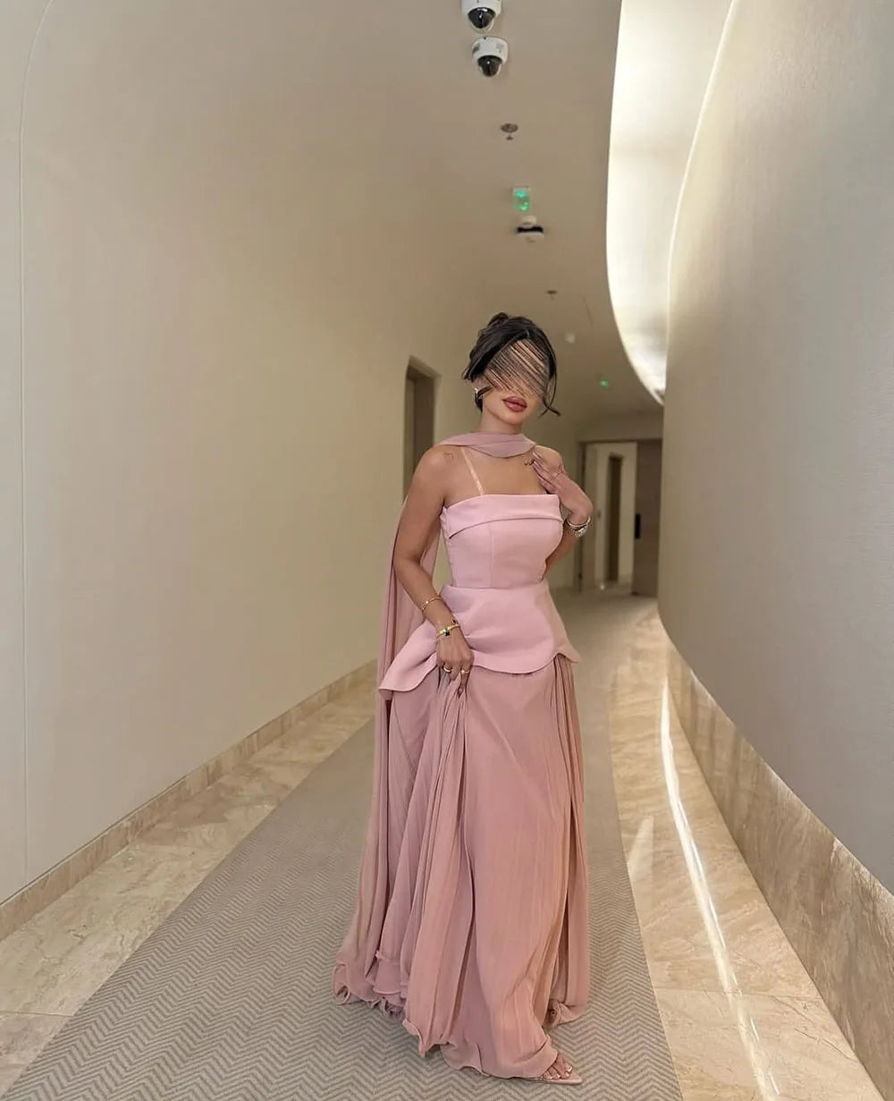Msikoods Strapless Satin Pink A Line Evening Dress 2025 Saudi Arabic Formal Gown Cape Prom Dress Wedding Party Gown Customized