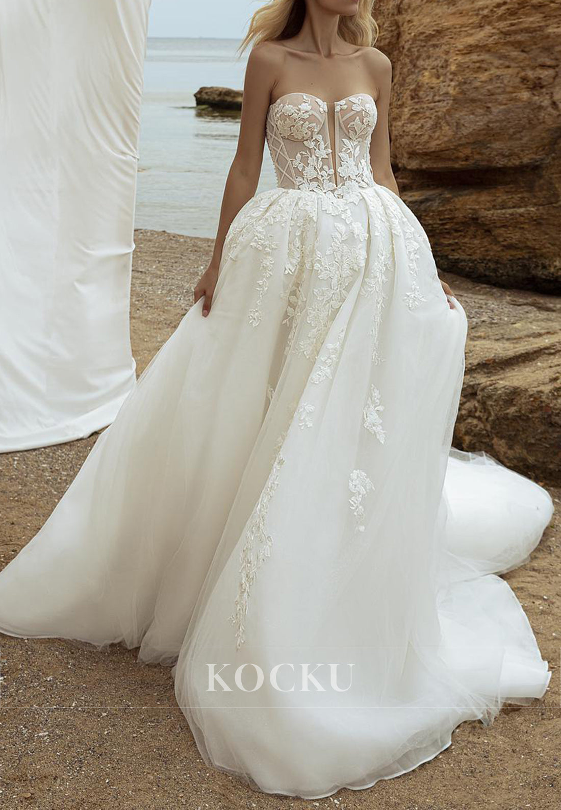 Romantic Strapless/Detachable Tulle Sleeve Wedding Dress with Sheer Lace Bodice & 3D Florals