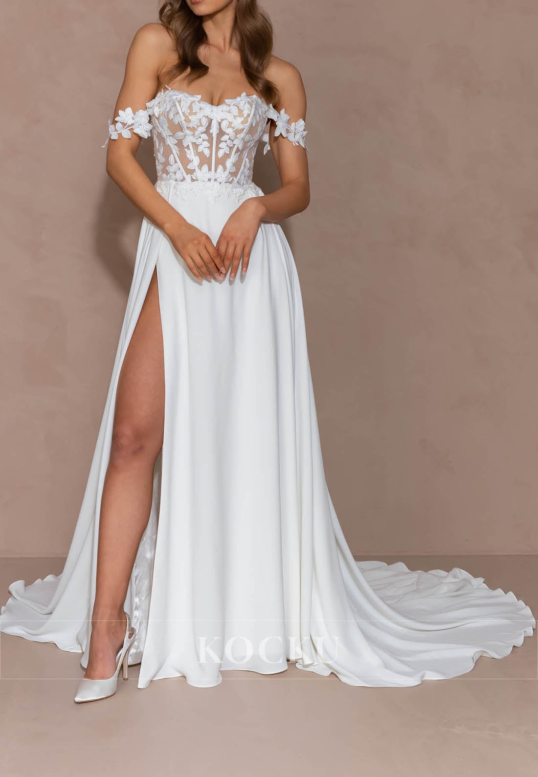 Off - Shoulder Floral Sleeve Wedding Dress with Sheer Lace & High Slit Train