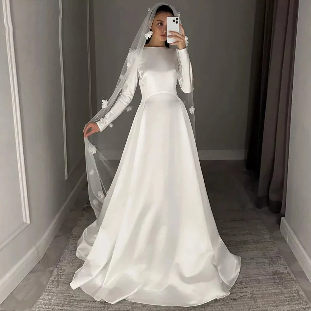 Msikoods Elegant A Line Satin Wedding Dress 2025 Classic Elegant Bridal Dress Long Sleeves O Neck Women Bride Gown Customized