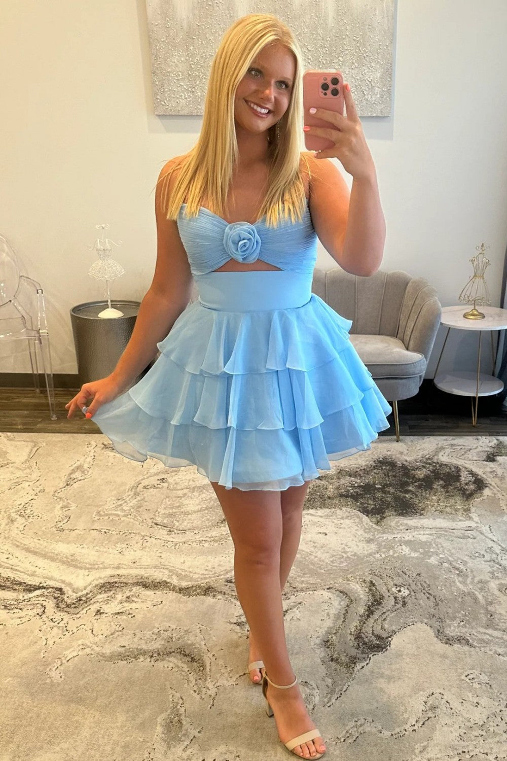 Well-made A Line Sweetheart Navy Blue Short Homecoming Dress with Ruffles Keyhole