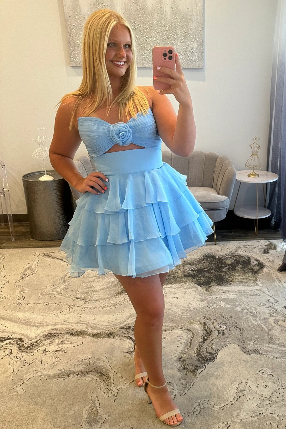 Well-made A Line Sweetheart Navy Blue Short Homecoming Dress with Ruffles Keyhole
