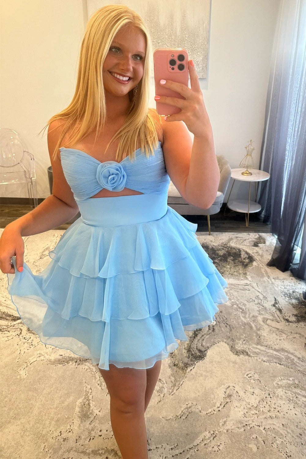 Well-made A Line Sweetheart Navy Blue Short Homecoming Dress with Ruffles Keyhole