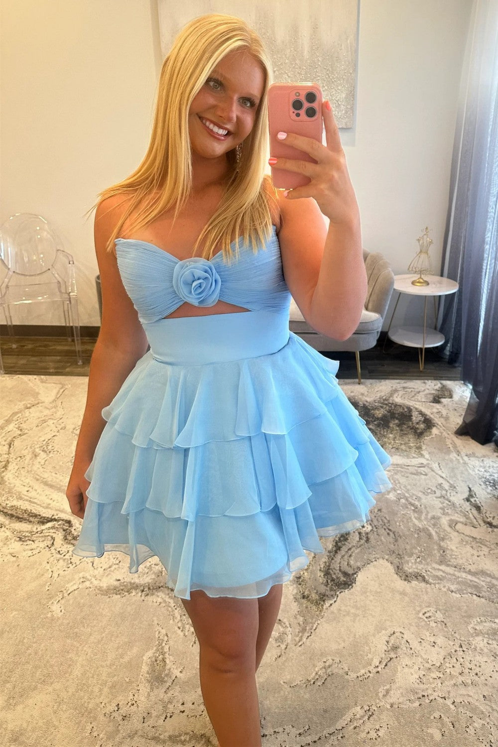 Well-made A Line Sweetheart Navy Blue Short Homecoming Dress with Ruffles Keyhole